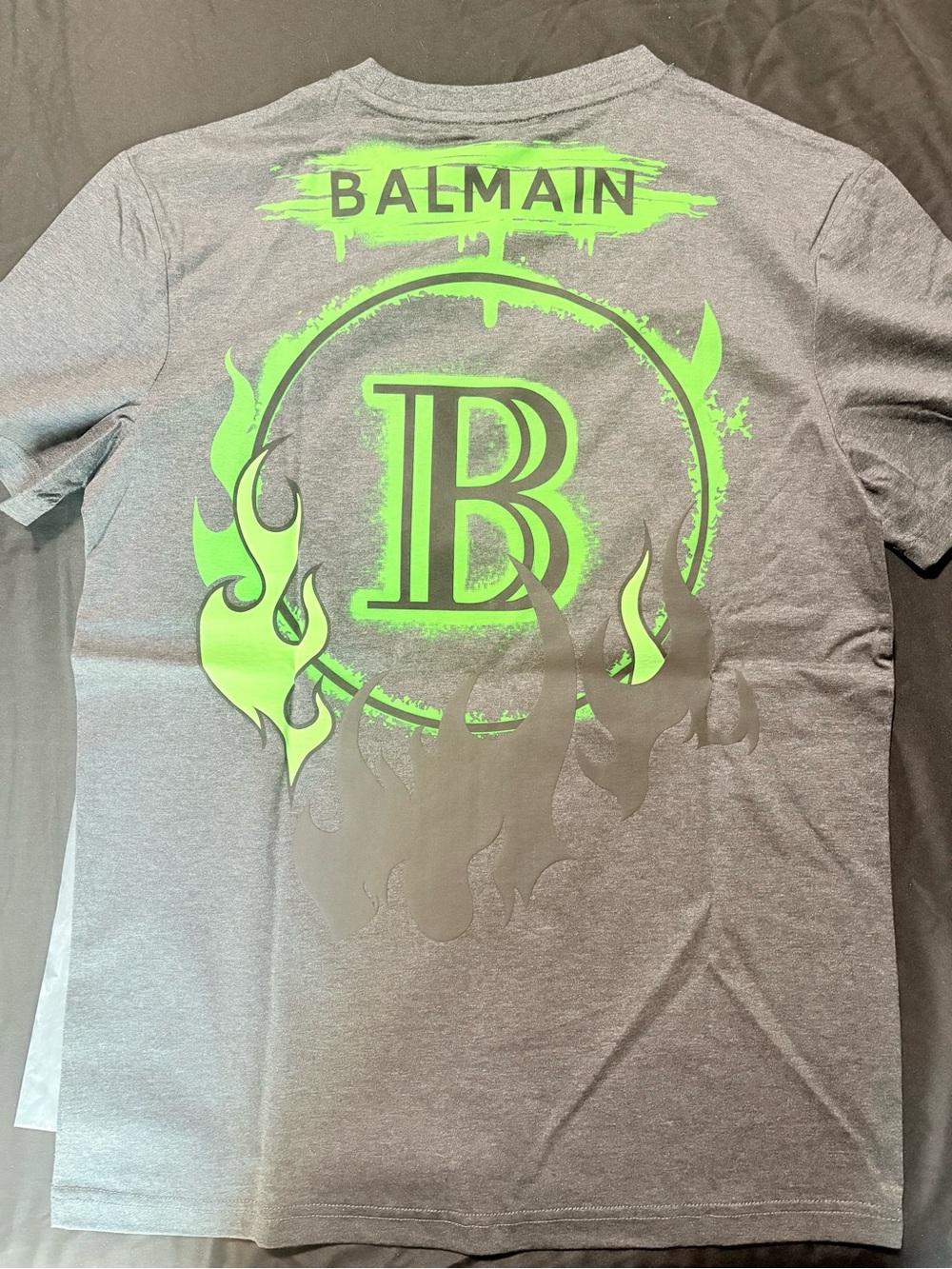 Balmain Gray T-Shirt with Neon Green Flame Logo